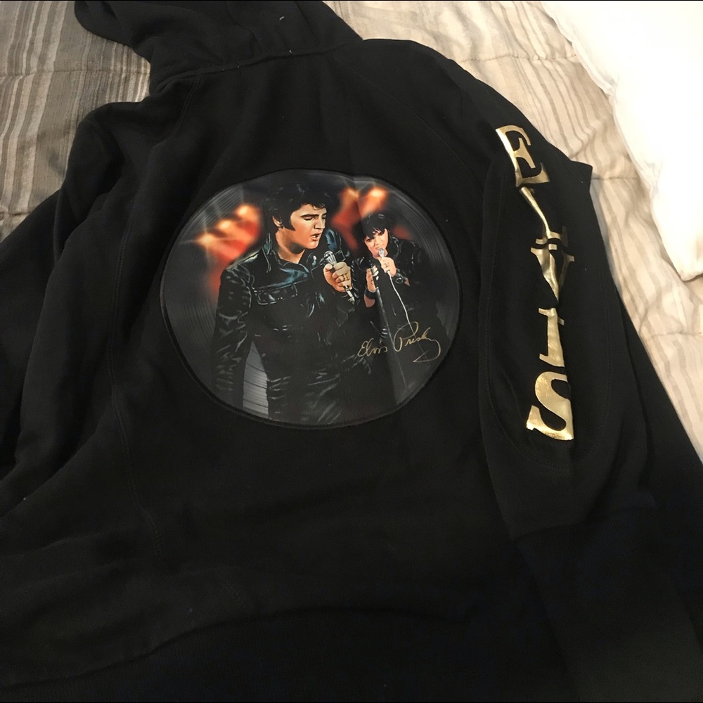 Black zip up hoodie Picture of Elvas on back letters Elvis one sleeve